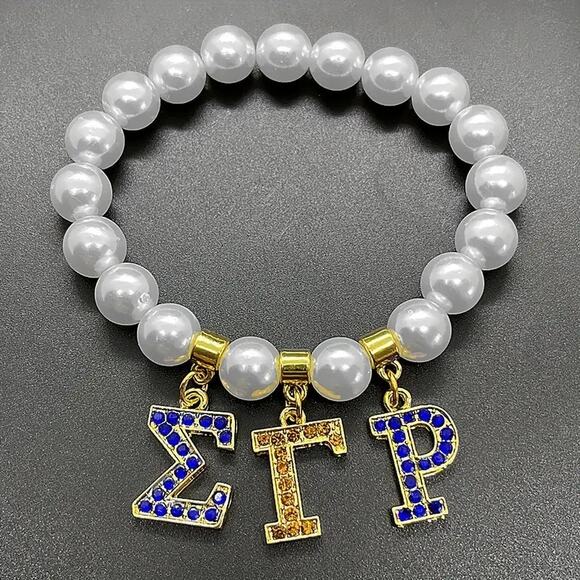 Sigma Gamma Rho Bracelet White &  Gold with Pendant Logo - Picture 1 of 3